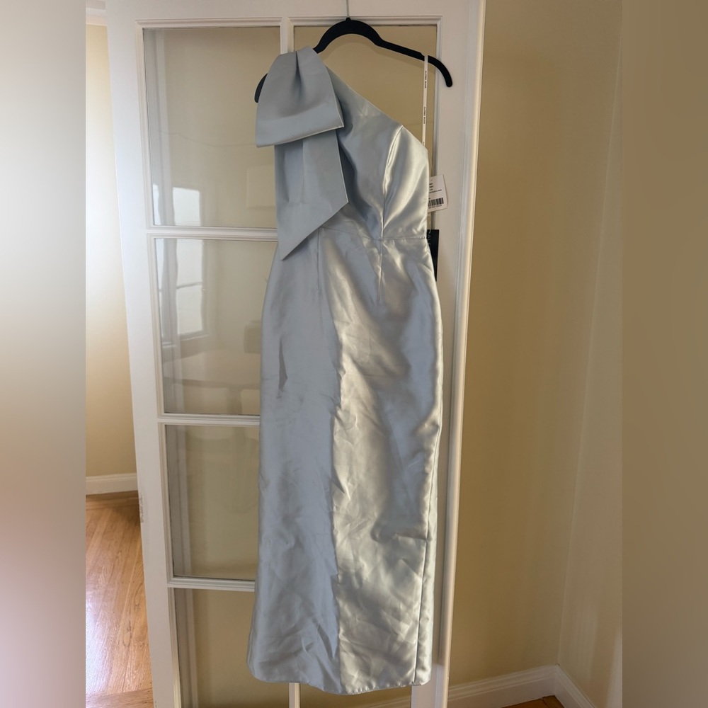 Alfred Sung D861 oversized bow one-shoulder satin column maxi dress in blue mist